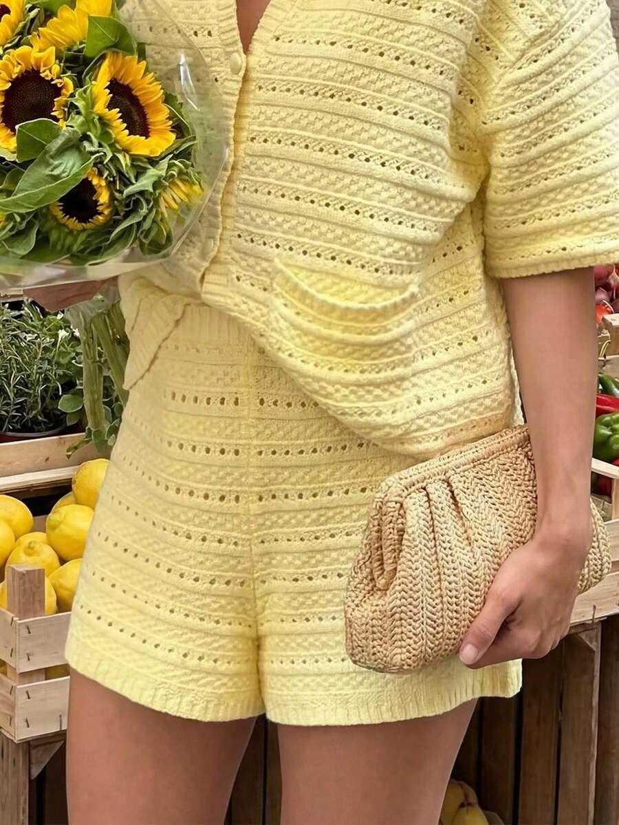 Women's Lemon Yellow Crochet Shorts | High Waist Knitted Casual Shorts With Pockets, Suitable For Daily Wear And Vacation Summer - Yellow - View 1