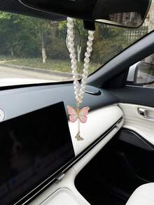 Faux Pearl Butterfly Car Pendant, Creative Car Hanging Decor, Rearview Mirror Accessory, Car Interior Decoration - Butterfly Style - View 2