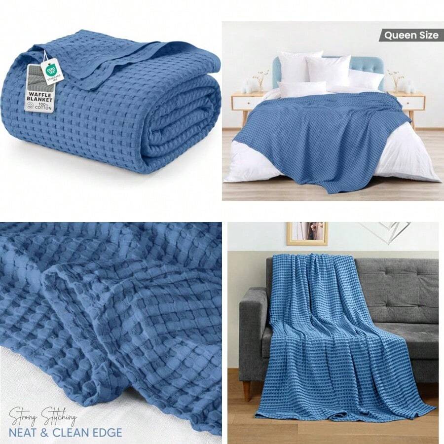 Utopia Bedding - Cobija de algodón de punto gofre suave ligera transpirable para cualquier cama y para todas las estaciones 300 g/m2 Wedgewood tamaño 229 x 229 cm - Azul - Ver 1