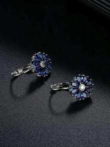 2pcs Fashionable Sunflower CZ Zirconia Encrusted Clip On Earrings For Women, Suitable For Holiday Gatherings & Outfits 8VRZ HTZC - 藍色 - 查看 5