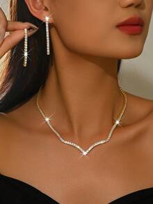 2pcs Crystal Jewelry Set, Charming Diamond Necklace + Dangle Earrings, Suitable For Wedding, Gala, Anniversary/Valentine's Day Gift - Gold - View 3