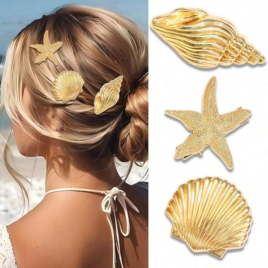 1/3 Pcs Gold Seashell Hair Clips For Women,Hawaii Beach Themed Starfish Conch Shell Alligator Hair Barrettes, Summer Fashion Hair Accessories For Beach Vacation Wedding Bridal Party Daily Wear,Travel,Birthday - Gold - View 1