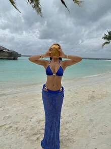 Nuevo conjunto de bikini con decoración de cuentas, escote halter, espalda descubierta y falda a juego para vacaciones, playa y verano - Azul - Ver 1
