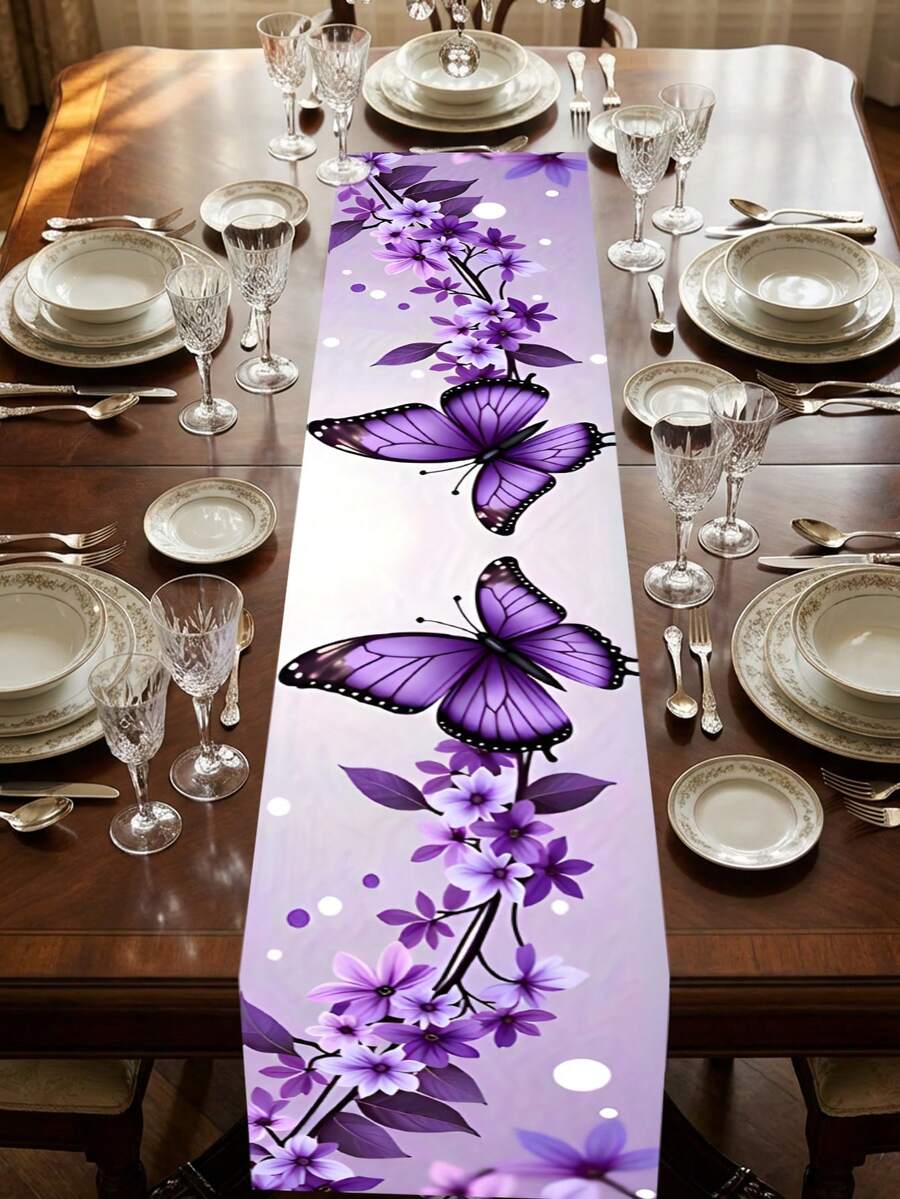 1pc Purple Butterfly & Floral Table Runner, Spring/Summer Flower Printed Dining Table Decor Cloth, Wedding Party Kitchen Dining Room Home Decor, High Quality Polyester Material, Multiple Sizes Available - A - View 1