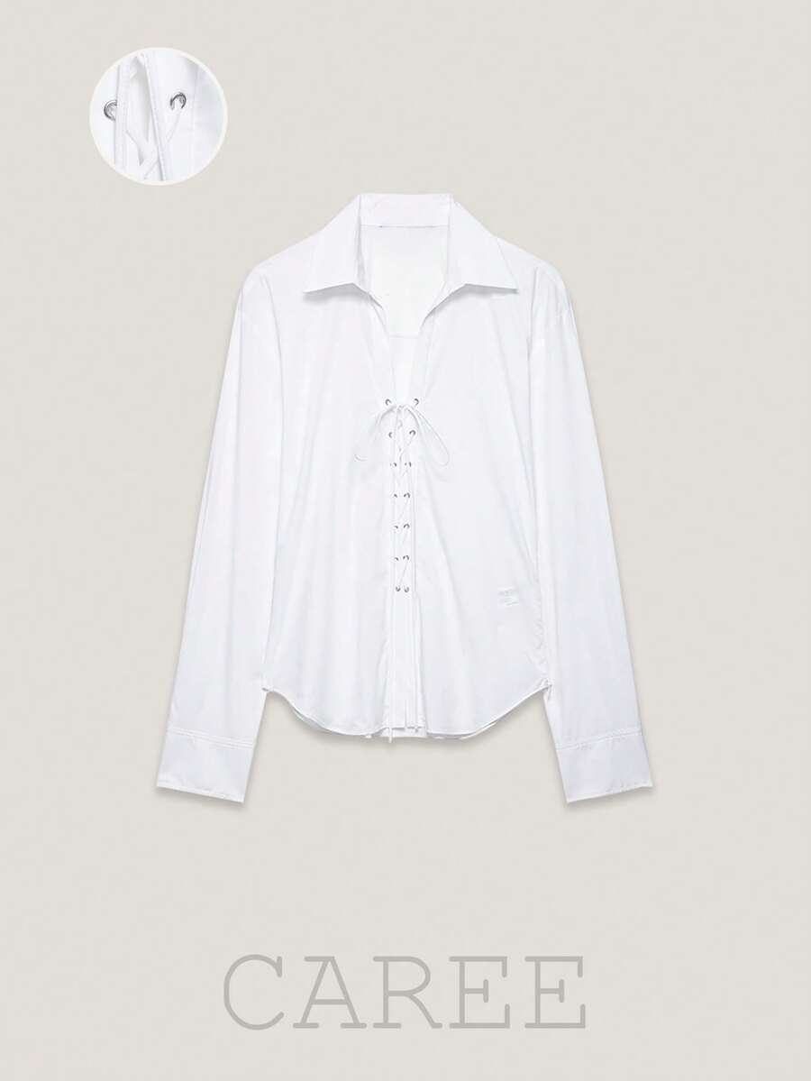Women's French Style Tie Collar Blouse, Spring/Summer - White - View 1