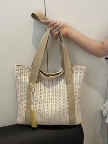 New Summer Woven Large Capacity Straw Beach Bag, Korean Chic Shoulder Underarm Bag - Khaki - View 2