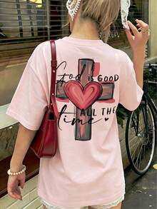 Women's Pink Pattern Short Sleeve T-Shirt With Cross And Heart Print, Loose Fit, Fashionable Versatile Crew Neck Top For Summer Casual - Pink - View 3