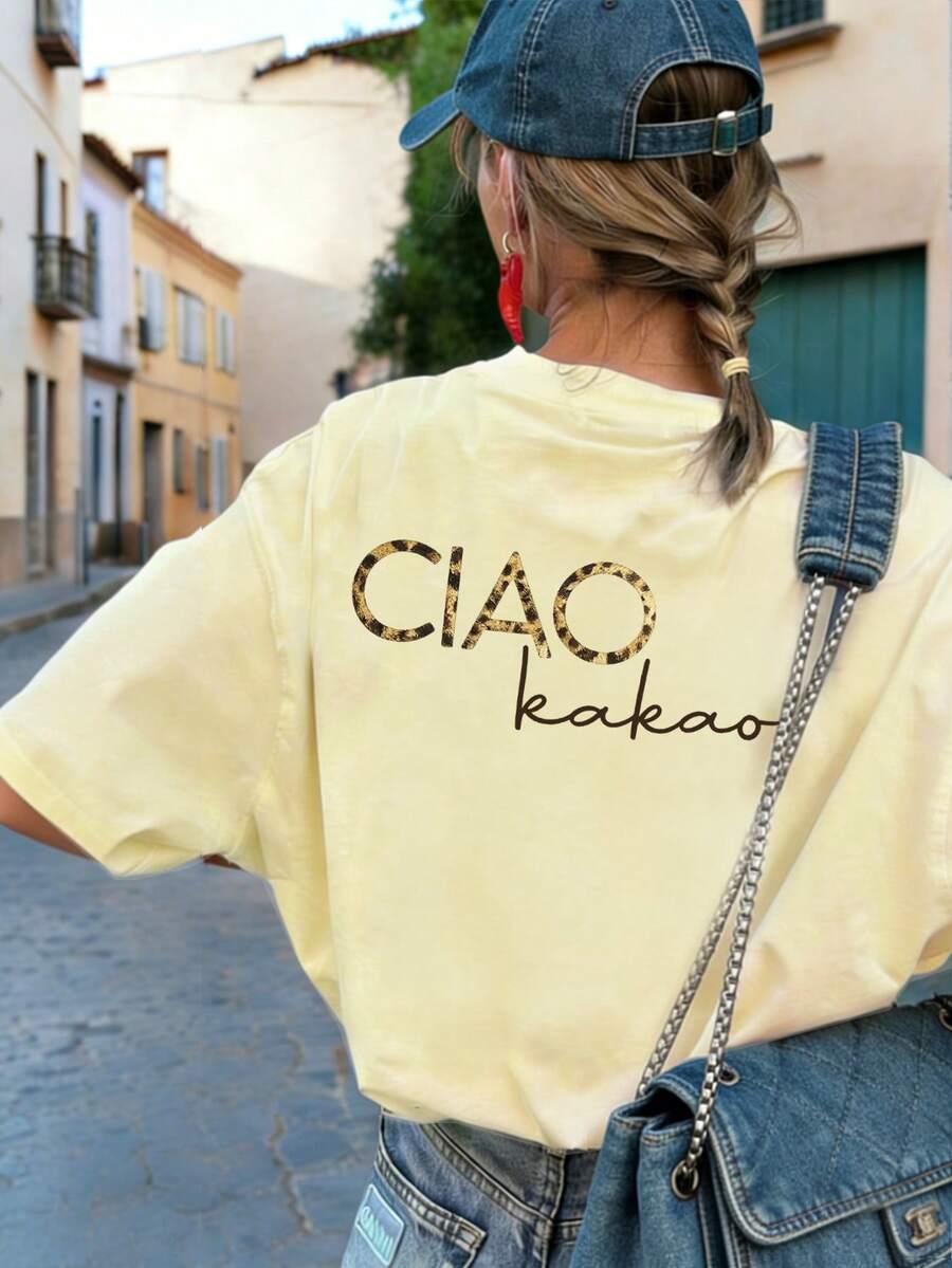 Nouveau t-shirt d'été à la mode à col rond, manches courtes, imprimé léopard et lettres. Blouse polyvalente et à la mode pour femmes - Jaune citron - Voir 1