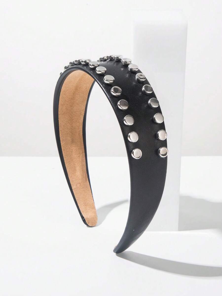 1 pezzo Fascia larga in pelle di colore solido alla moda con nuovi rivetti, versatile per feste, occasioni, viaggi, compleanni - FG711 Nero - Visualizzare 1