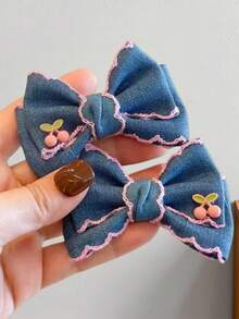 2pcs Cherry Denim Bow Hair Clips, Versatile Delicate Cute Princess Style Bangs Hairpins For Girls - Pink - View 2
