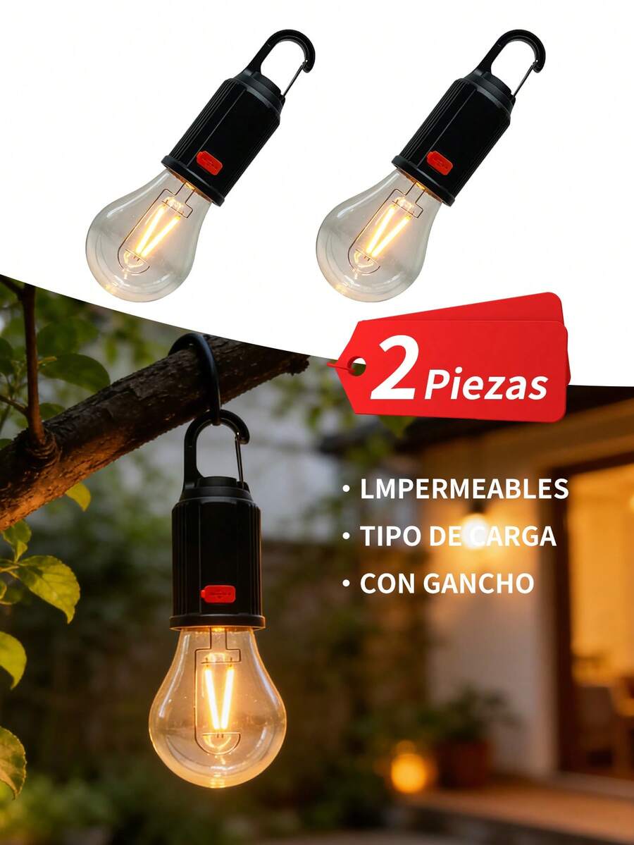 2-Piece Type C LED Camping Light, USB Rechargeable, Waterproof Tent Light With Hook, 3 Outdoor Lighting Modes, Tent Lamp, Waterproof, For Outdoor Use, Home Use. - 2 piezas - 查看 1