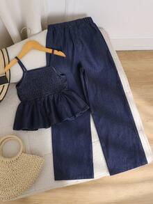 两件套少女藏蓝色牛仔套装，无袖露脐上衣和阔腿牛仔裤，夏季时尚 - 藍色 - 查看 8