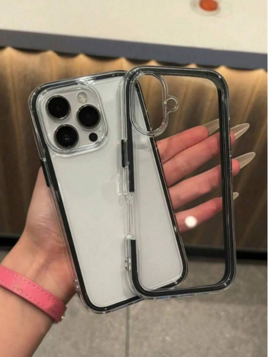 Apple Smart Fashion Phone Case, High-End Quality, 3-In-1 Thick Hard Material, Colorful Solid Color Frame, Personalized Creative Pink, White, Black, Blue, Green Options, Minimalist Anti-Fall, Full Coverage Transparent Feel, Colorful, Waterproof, Shock-Proof, Anti-Fall, Anti-Scratch. - Black - View 1