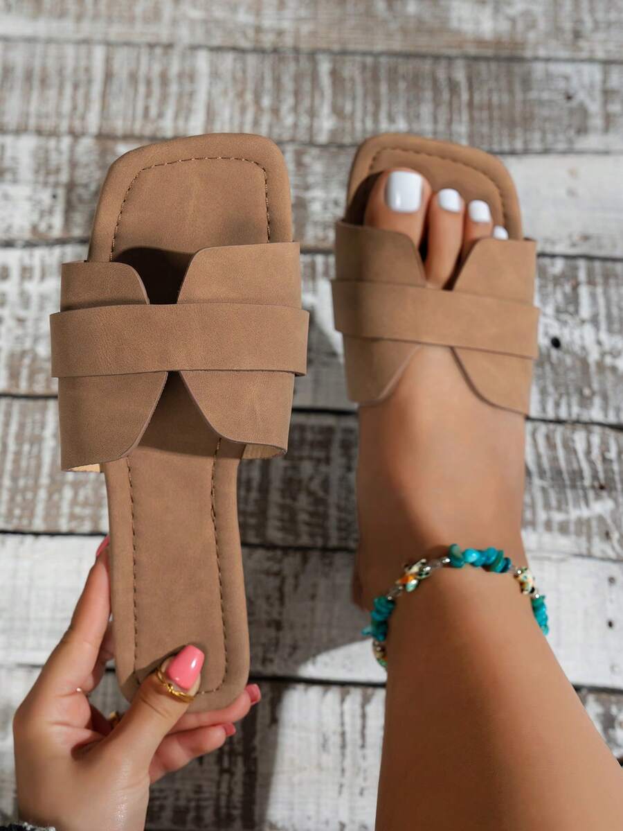 宽楦咖啡棕色简约交叉绑带方头拖鞋，休闲平底凉鞋，时尚百搭，适合日常穿着 - 咖啡棕 - 查看 1