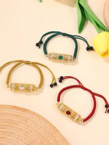 1pc Handmade Woven Arabic Style Bracelet, Hollow Rhinestone Inlaid, Drawstring Design Armband, Petite Vintage Design, Suitable For Moroccan Bride Wedding Party, Festival - Style 2 - View 4