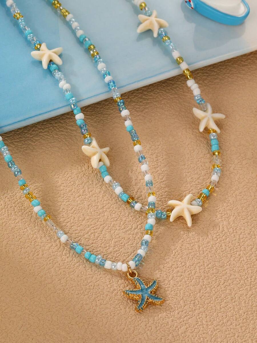 NAIZHU 2pcs/Set Girls' Ocean Style Starfish Pendant Necklace Set, Daily & Holiday Accessories, Random Color - Multicolor - View 1