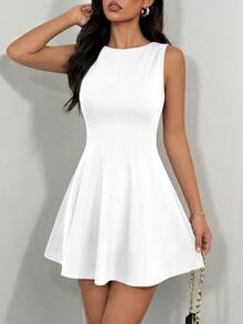 Women Elegant Sleeveless Crewneck High Waist A-Line Mini Dress Summer Spring Casual Formal Graduation Party Cocktail Valentine Short Dress Outfits - 白色 - 查看 5