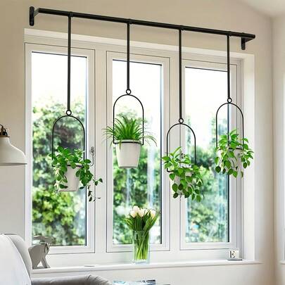 Window Plant Hanger Indoor Hanging Planters, Adjustable Hanging Rod Plant Holder, Indoor Window Plant Shelf Rack, Metal Hanging Plant Shelves For Herbs, Succulents, Space Saving Wall Planter For Apartment Home Decor