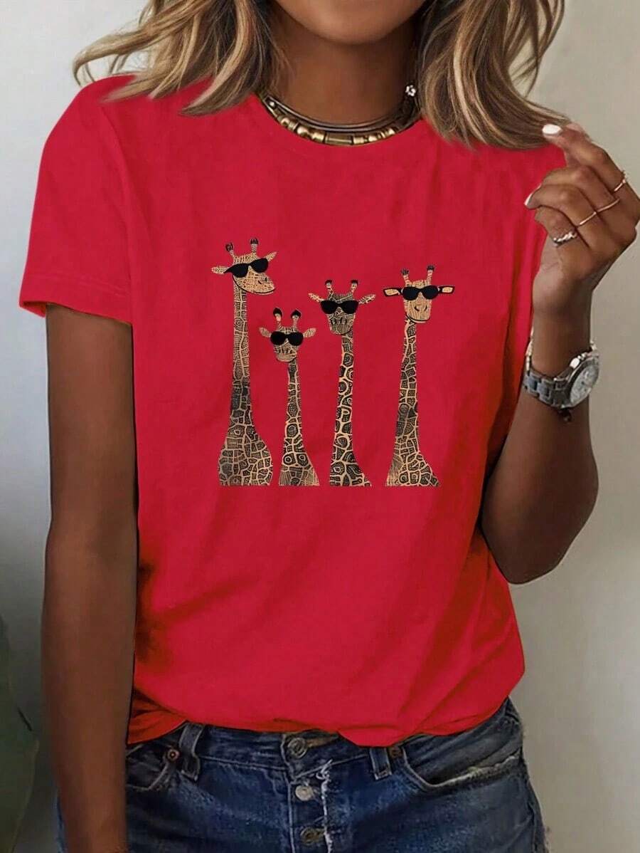 1 Pieza de Camiseta Casual de Moda para Hombres y Mujeres con Estampado de Jirafa y Pestañas, para Conjuntos Casuales, Camisetas con Estampado de Guepardo, Tops para Mujer para Verano y Primavera. Versátil, fácil de combinar, para uso diario, estilo urbano, ropa de vacaciones, ropa de fin de semana. - Rojo - Ver 1