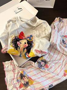 Conjunto de pijama de mujer con manga corta y volantes, ajuste holgado y estampado aleatorio para uso en casa - Gris - Ver 6