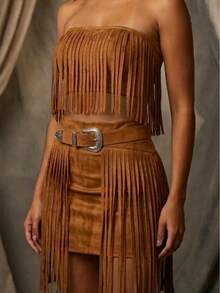 Women's Country Outfit For São João 2026: Strapless Top With Fringe And Skirt With Fringe + Belt - Junina Rodeo Fashion Look - 駝色 - 查看 2