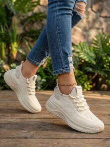 Comfortable And Breathable Pink Mesh Sneakers For Women, Beige Non-Slip Sneakers On Special Offer, Modern And Versatile For Women, Ideal For Street Sports, Hiking And Commuting. - 米色 - 查看 2