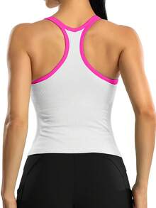 1件女士纯色撞色条纹固定垫运动吊带背心 - 白色 - 查看 2