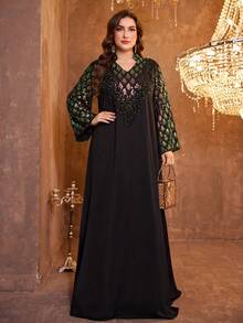 Đầm dạ hội dài tay cổ tàu, chất liệu satin đính đá thủ công hiệu SUPGIR dành cho nữ, màu đen. - màu đen - Xem 3