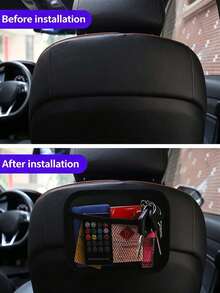 Bolsa de red para almacenamiento en el respaldo del asiento del coche, organizador de red multifuncional autoadhesivo que puede sostener teléfono, billetera, llaves, tarjetas, solución de almacenamiento práctico en el interior del coche, accesorio decorativo para ahorrar espacio - A - Ver 5