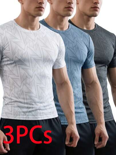 3pcs Men's Geometric Patterned Quick-Dry T-Shirts, Breathable Crew Neck Short Sleeve Tees, Soft & Moisture-Wicking, Suitable For Fitness, Running, Outdoor Activities In Summer