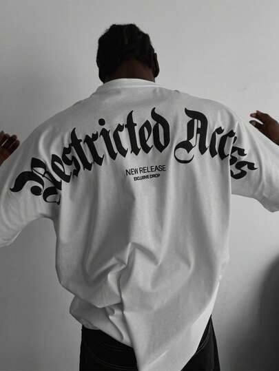  Áo thun nam tay ngắn cổ tròn kiểu Mỹ, màu trắng, dáng rộng, phong cách đường phố, in chữ "Restricted Access" của FRACTYR, dành cho mùa hè.