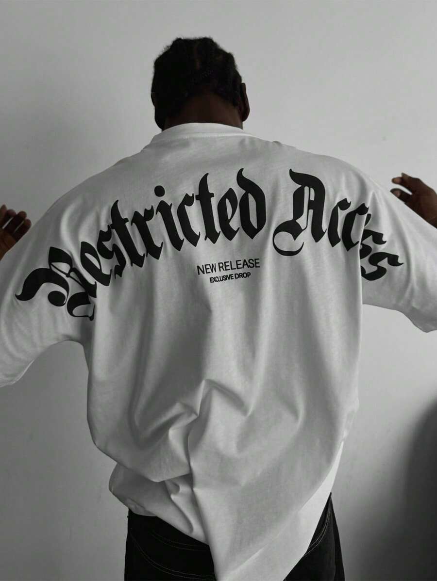 FRACTYR 男士夏季休闲街头宽松白色“Restricted Access”哥特字母印花设计美式圆领短袖T恤 - 白色 - 查看 1
