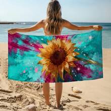 1pc Tie-Dye Sunflower Pattern Beach Towel, Super Soft Microfiber Extra Large Beach Blanket, Highly Absorbent Bath Towel, Suitable For Travel, Swimming Pool, Diving, Surfing, Yoga, Camping, Available In Multiple Sizes, Beach Accessory - Cadet Blue - View 10