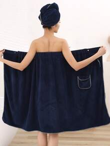 2pcs Women's Coral Fleece Soft Absorbent Hooded Bath Towel & Wrap Set, Bow Decor - Navy Blue - View 10
