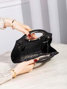 Cartera de Fiesta Dorada con Pedrería Brillante y Asa Metálica Circular, Clutch de Mano Elegante para Boda Cena y Eventos Especiales Moda Mujer - Negro - Ver 5