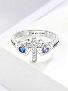 Anillo con forma de cruz personalizado con piedra de nacimiento y nombre en inglés grabado, joyería de moda, esencial para el estilo - Multicolor - Ver 6