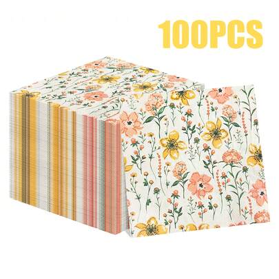 100/60/20 piezas Servilletas desechables de 13 * 13 pulgadas con estampado floral retro, con patrones florales pequeños en tonos cálidos de rosa y amarillo, combinados con patrones delicados de ramas y hojas, adecuados para reuniones familiares, picnics, tardes de té, cafés, fiestas de primavera, fiestas de cumpleaños, banquetes de bodas y decoraciones de restaurantes