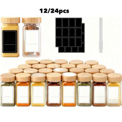 12/24 Pcs Square Plastic Spice Jars With Labels, 5.4 Oz Airtight Containers With Labels & Marker Pen, Kitchen Organizer Set With Plastic Wood Grain Lids, Spice Labels, Rust-Proof, Household Kitchen Supplies. Hand Wash Recommended.