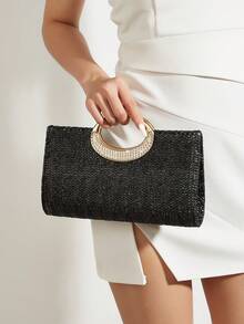 REMANLAND Fashionable Solid Color Woven Women's Bag With Metal Chain Strap, Can Be Used As Handbag, Shoulder Bag, Tote Bag, Beach Bag, Casual Woven Bag, And Cell Phone Bag, Summer Essentials, Perfect For Vacation & Holiday, Beach Purse, Perfect For Summer, Vacation & Daily Use, Travel Must Haves Valentine's Day Wedding Wedding - Black - View 8