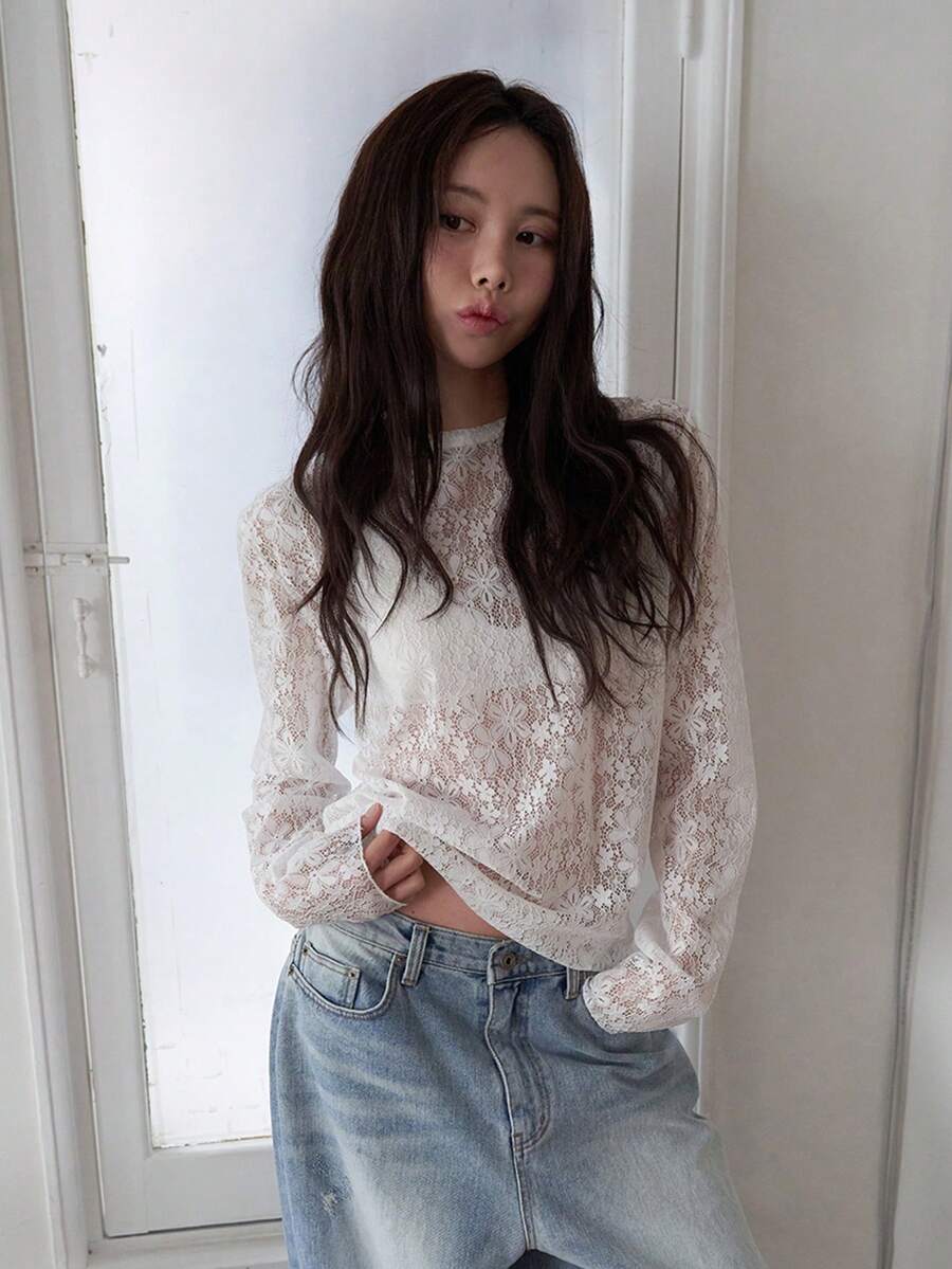 Casual Crew Neck Pullover Lace Sun Protection Top White Summer - White - View 1