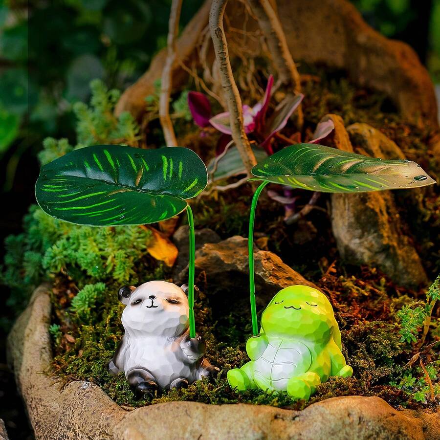 Cute Cartoon Frog And Panda Holding An Umbrella, Outdoor Garden Decoration, Creative Simulated Animal Balcony Landscaping Ornament - 萌趣打傘擺飾[小兔]+樹葉 - 查看 1