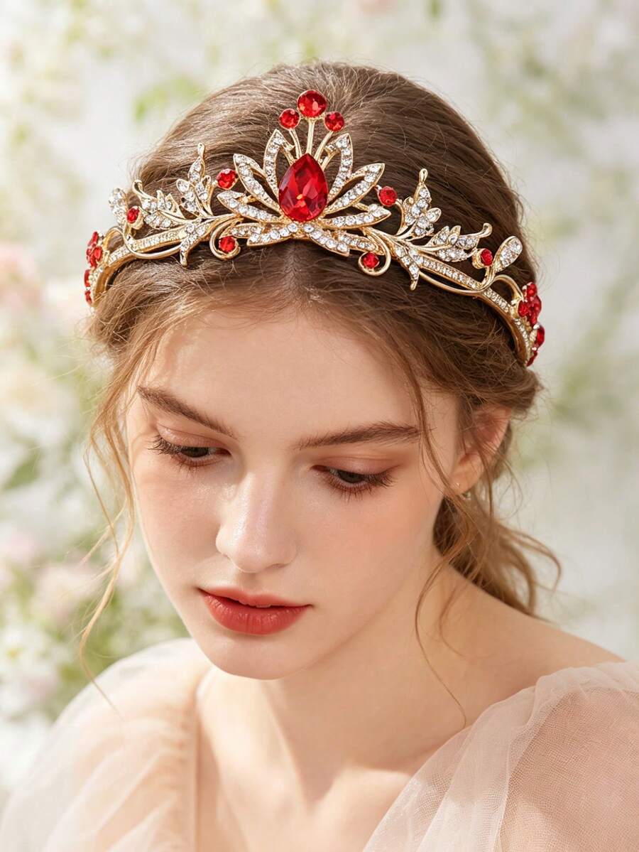 1pc Classic Princess Style Crown, Alloy 3D Petal Design Headband, Suitable For Coordinating With Dresses, Wedding Gowns, Or As Birthday/Party Decoration - Red - View 1
