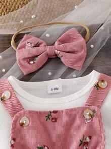 Conjunto de 3 piezas para bebé niña: Top de manga de vuelo de unicolor y falda de volantes escalonados con diadema con moño - Rosa - Ver 4