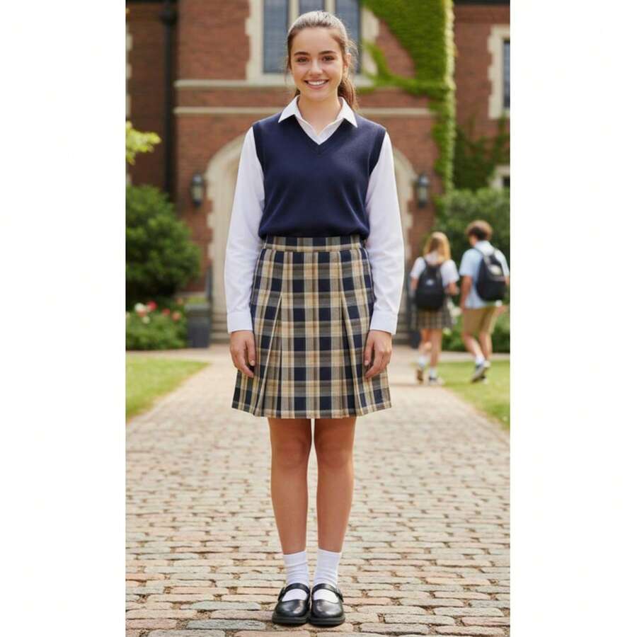 Falda escolar para adolescente de tela escosesa - Beis - Ver 1
