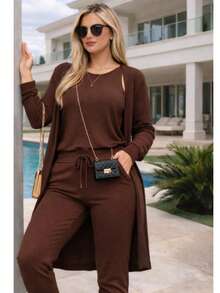 3-Piece Fleece Set: Long Cardigan, Tank Top, Jogger Pants With Adjustable Waistband. Premium Autumn/Winter Sweatshirt. Complete Trio For A Ready-To-Go Look. - màu nâu - Xem 1