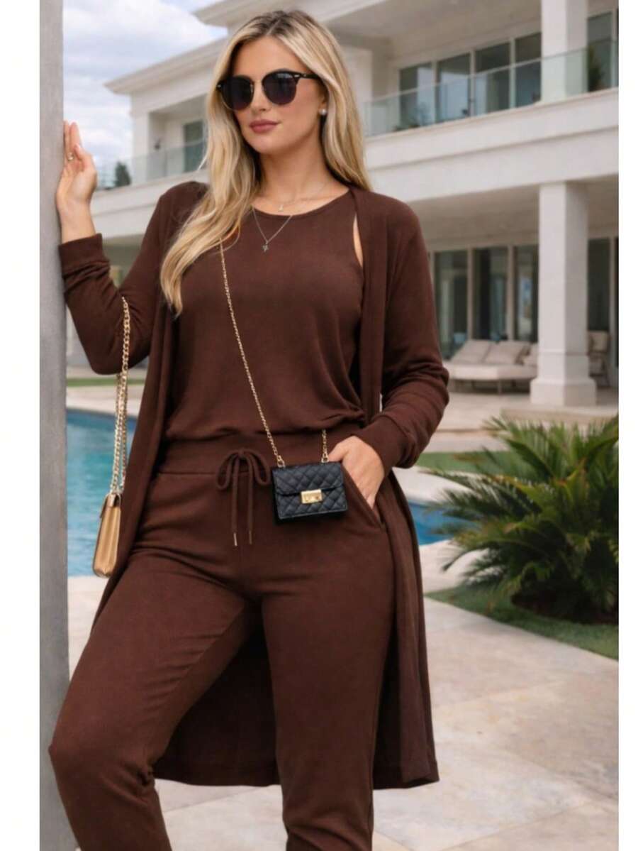 3-Piece Fleece Set: Long Cardigan, Tank Top, Jogger Pants With Adjustable Waistband. Premium Autumn/Winter Sweatshirt. Complete Trio For A Ready-To-Go Look. - màu nâu - Xem 1