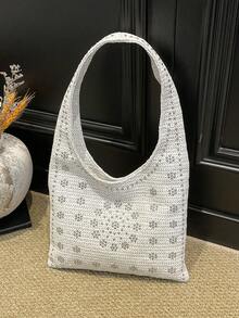 铆钉时尚别致手提包，女士简约单肩包，新款优雅休闲手提包，草编包 - 白色 - 查看 9