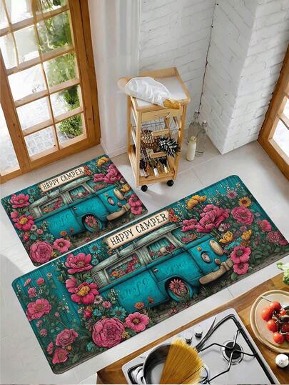 Thảm trải sàn nhà bếp họa tiết xe tải hoa Happy Camper, chống trượt, dễ vệ sinh, kiểu dáng trang trại hiện đại, thấm hút nhanh khô, thích hợp cho phòng khách, hành lang, tiền sảnh, phòng ăn, nhà bếp, phòng giặt, lối vào, tiệc tùng, ngày lễ, họp mặt, quà tặng, tiệc chiêu đãi.