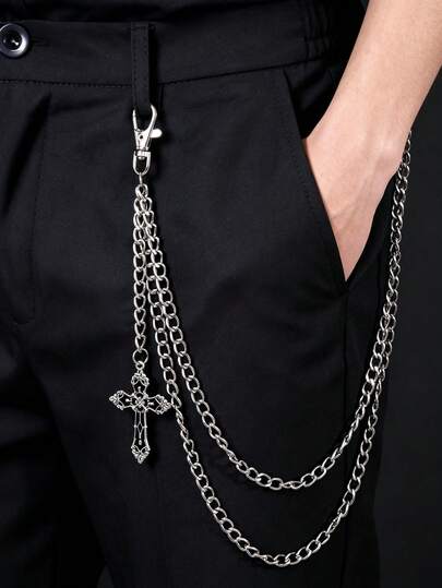 1pc Vintage Multi-Layer Cross Pendant Waist Chain For Men, Stylish Metal Accessory Suitable For Daily Wear