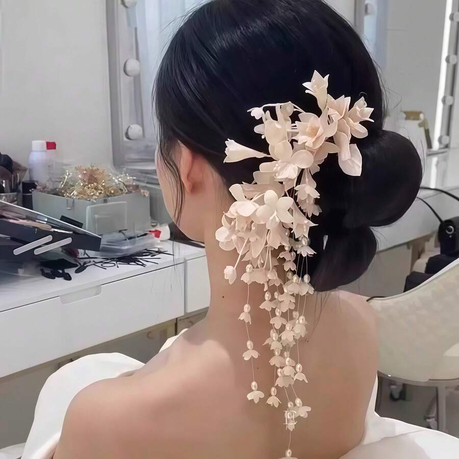 Lily Of The Valley Tassel Side Hairclip, Faux Pearl Flower Pendant Headpiece, Gentle Style Girl Hair Accessory, Multi-Color Versatile Hair Clip,Summer,Holiday,Travel, Accessories For Women - Multicolor - View 1